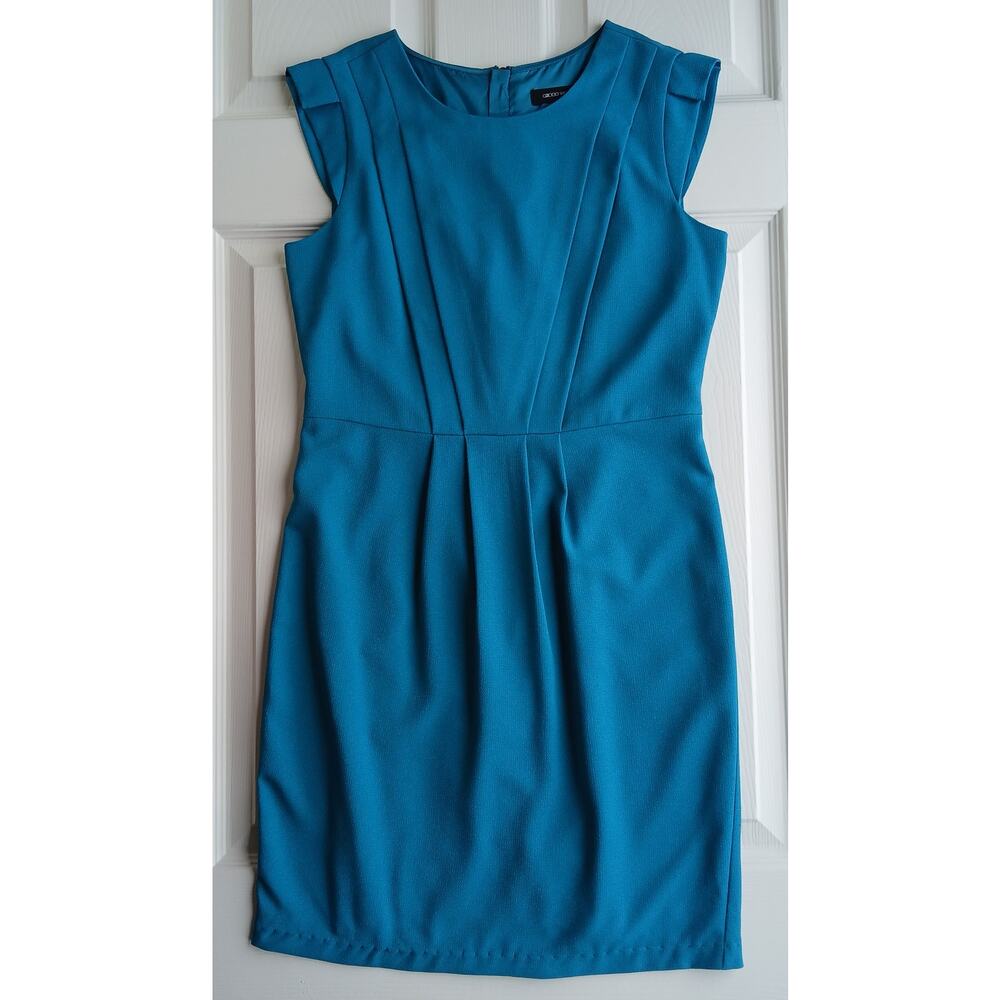 G2000 Teal Round Neck Sheath Dress 34 (S) pleated pencil midi gold zipper office